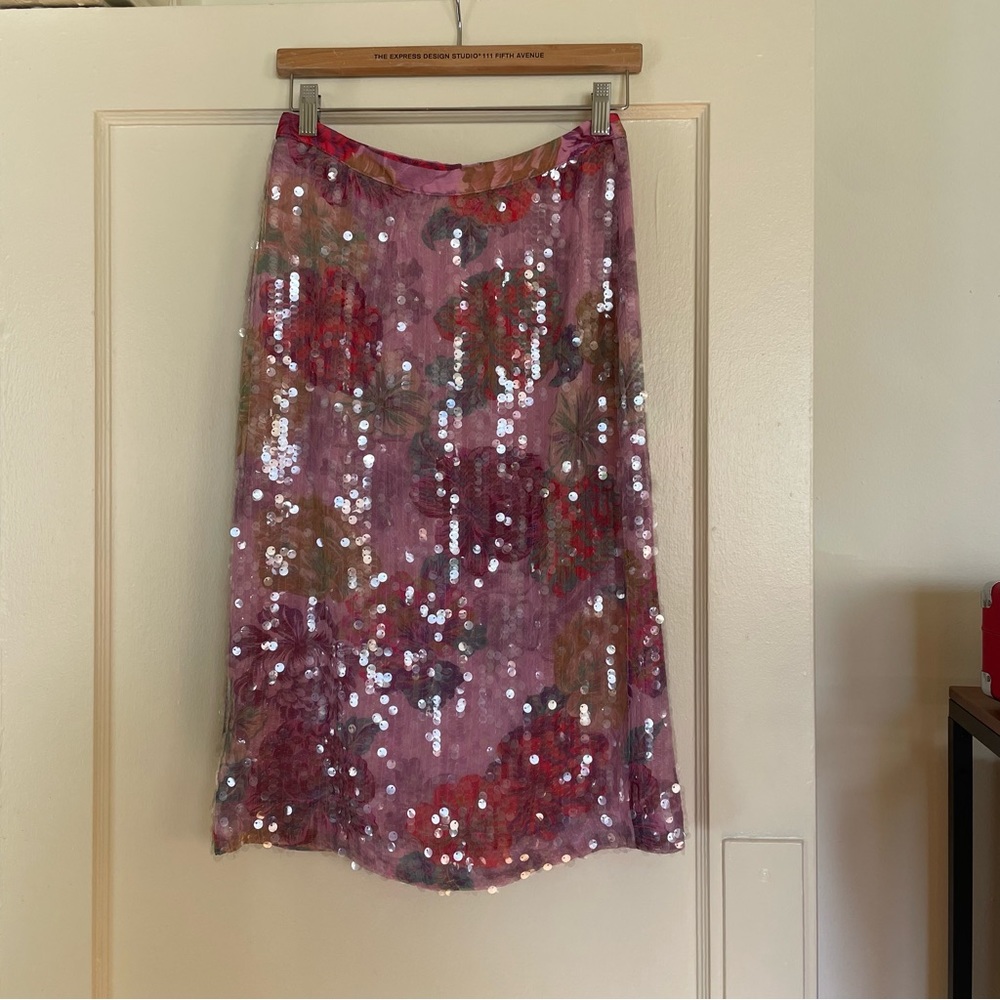Anthropologie Pink Floral Sequin Midi Skirt